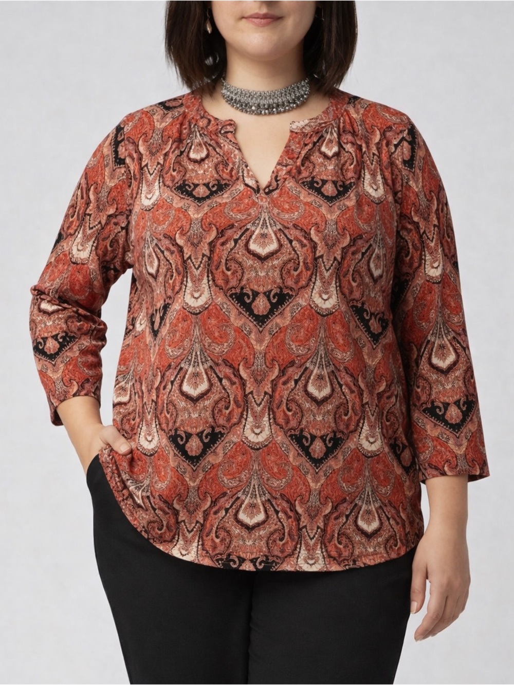 ROZ & ALI Orange Blouse Large Stretch